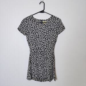 Vtg 90s Limited B&W Ditsy Floral Mini Short Sleeve Tie Back Dress 2 Fairy Grunge